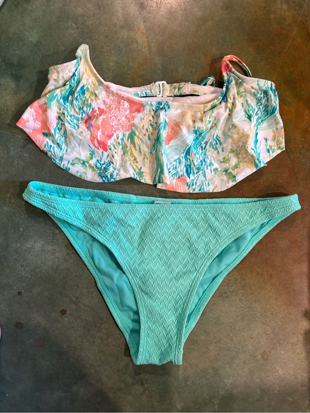 Floral Ruffle Bikini Top with Aqua Textured Bikini Bottoms